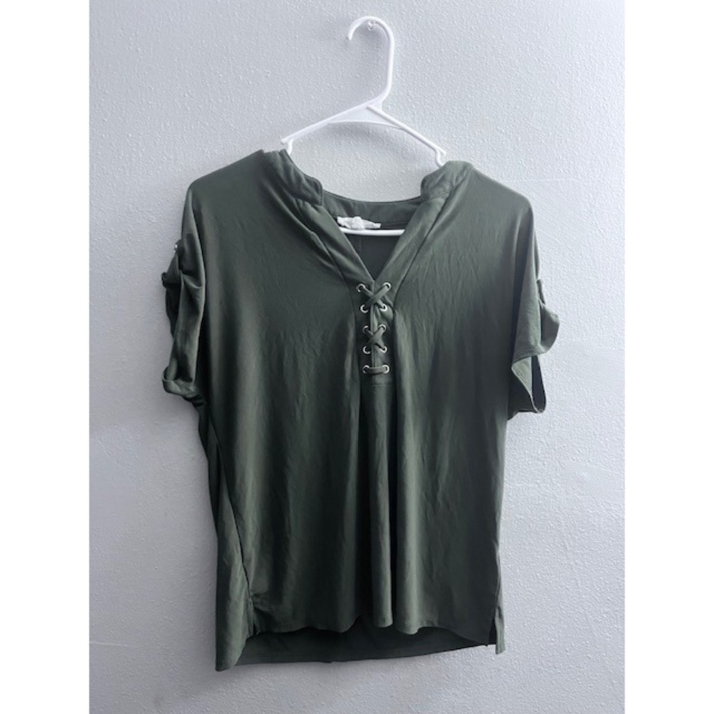 Perception‎ Concept Olive Green Lace Up V Neck Tab Sleeve Casual Top